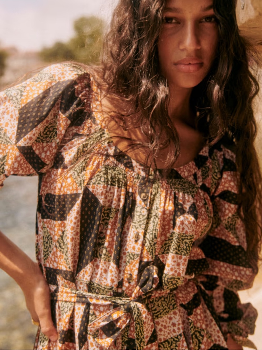 Sézane Yuliana Dress in Graphic Patchwork | Size 34 / US 2